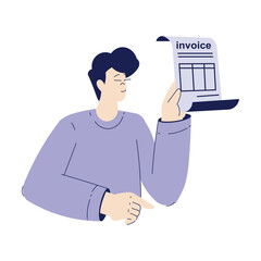 Bill Pay with Man Character Holding Paper Receipt Vector Illustration
