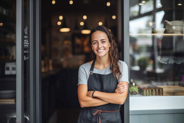 Successful young woman entrepreneur proudly standing a the door of her small local restaurant business, looking at camera with a smile.