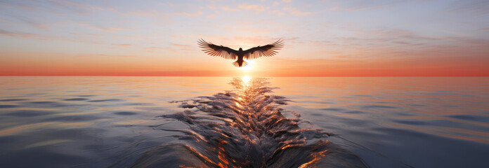 Holy Spirit. Beautiful sunset over the sea with a flying bird - obrazy, fototapety, plakaty