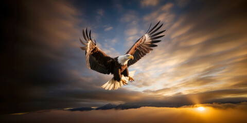 Bald Eagle in flight against the backdrop of cloudy sky. Absolute Freedom