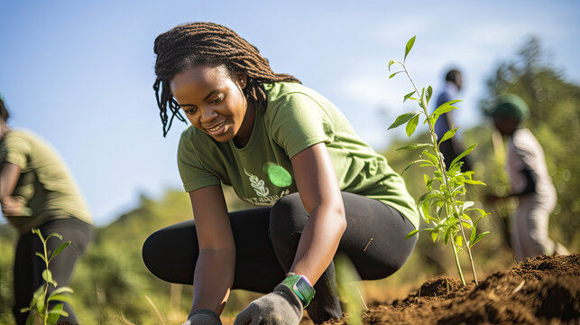passionate activists planting trees in a reforestation project, surrounded by thriving greenery and birdlife