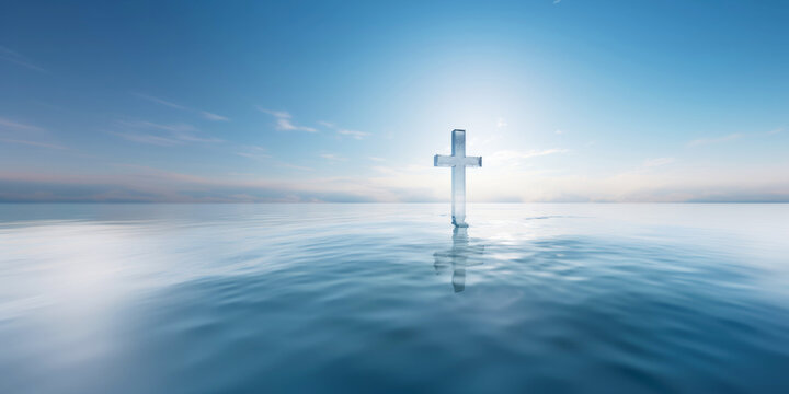 Cross on the sea and blue sky background. 3d render illustration