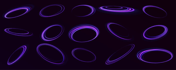 Vector realistic set of blue and purple shiny rings and swirls, round frames of flare trail with glitter dust isolated on transparent background. Luminous spiral.