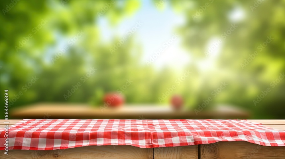 Aufkleber empty wooden desk table with red checkered tablecloth over abstract bright light green spring or sum
