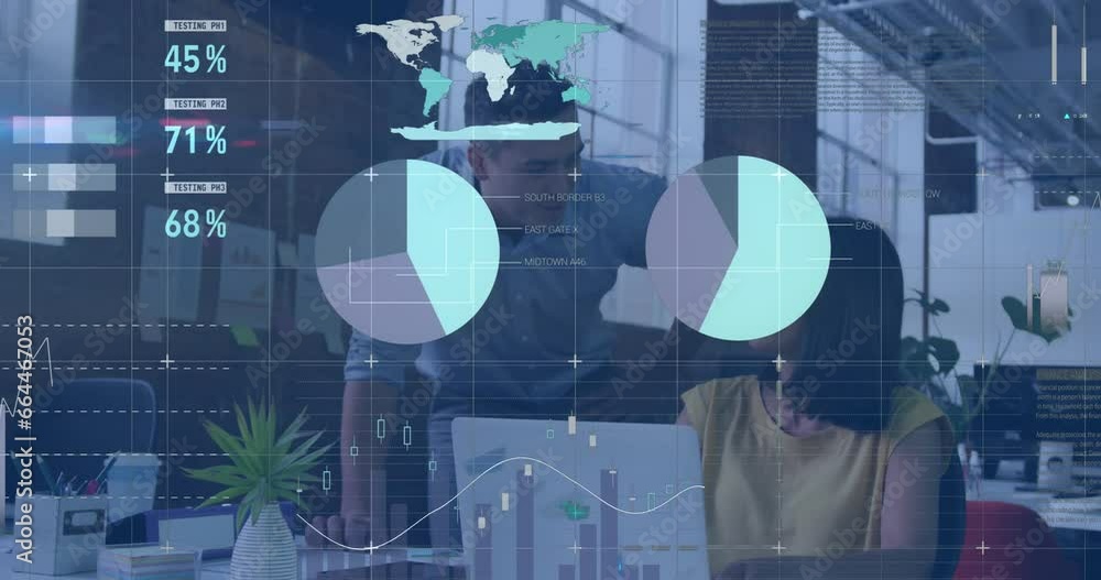 Poster animation of statistical data processing over diverse man and woman discussing over laptop at office