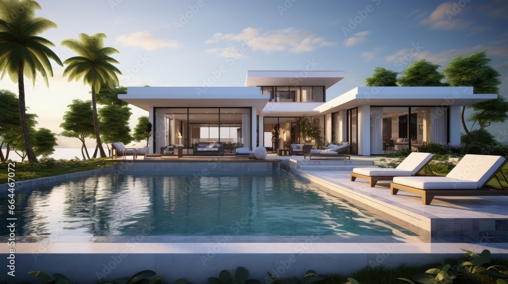 Poster modern pool villa sea view - 3d rendering