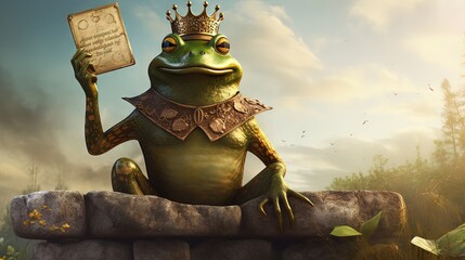 Frog prince with gold crown holding a blank vertical blank sign representing the fairy tale concept of change and transformation from an amphibian to royalty communicating an important message. - obrazy, fototapety, plakaty