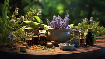 Fotobehang home medicinal or homeopathic concept. natural remedy for alternative medicine that is made from herbs. © HN Works