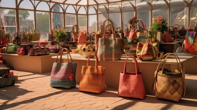 Crafts fair booth filled with woven bags and purses in bright colors outside on a sunny morning