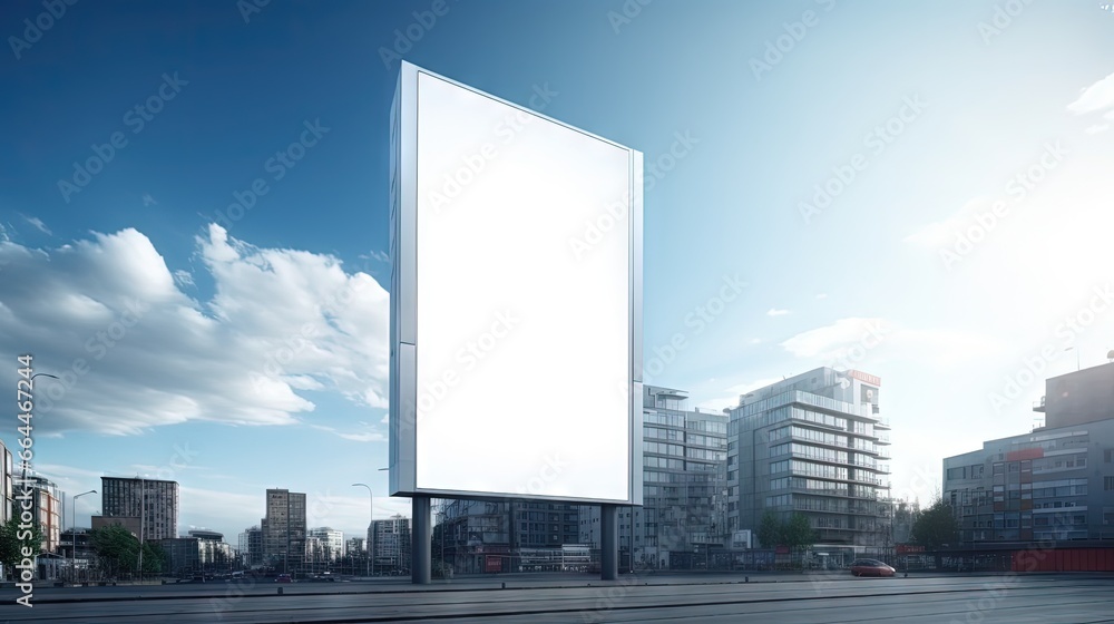 Poster mock up white large led display vertical billboard on tower building .clipping path for mockup
