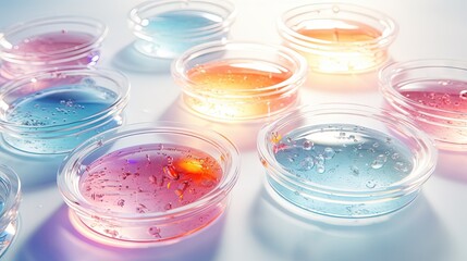 serum in petri dishes on light background cosmetic research concept
