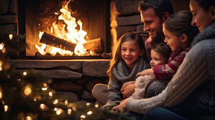 a heartwarming family gathering by a cozy fireplace on a winter evening, with the soft glow of the fire and holiday decorations - obrazy, fototapety, plakaty