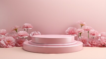 Background for cosmetic product branding, identity and packaging inspiration. Podium with pink carnations and pink circular geometry background. 3d rendering illustration.