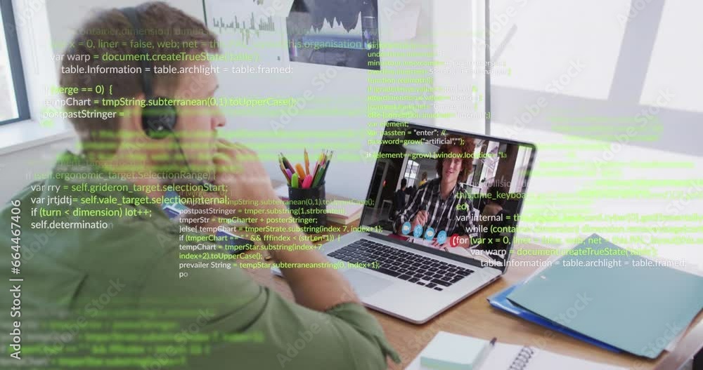 Poster animation of data processing over rear view of caucasian man having a videocall on laptop at office
