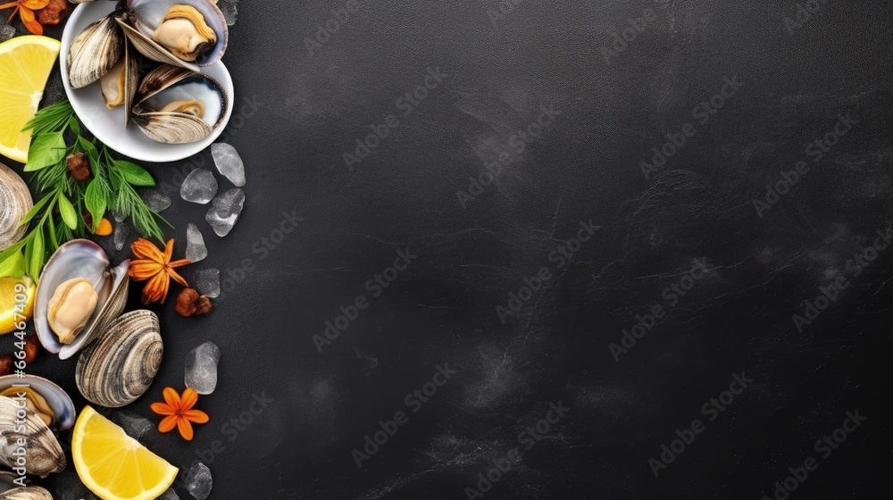 Poster raw clams vongole shells, mussels, oysters and lemon with ice on black slate. fresh shellfish for co