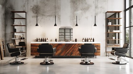 Interior of modern barbershop with white walls, concrete floor, massive reception counter with computer on it and client chairs with mirrors in background. 3d rendering