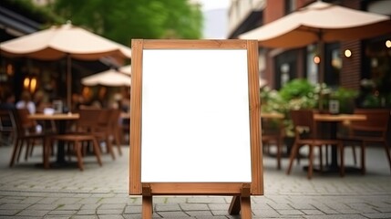 Blank wooden sandwich board near outdoor cafe. Mockup for design