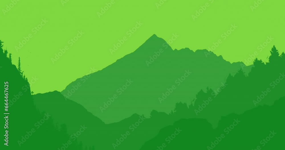 Poster animation of landscape with mountains against green gradient background with copy space