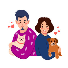 Portrait of the owners of cute pets. A man and a woman with their cat and dog. People hold their pets in their arms. Vector flat illustration for a mobile application or website
