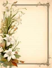 white lilies flowers themed rustic junk journal brown stained paper craft work journal with frame and copy space for writing, letter template, vintage floral design, calligraphy victorian lily
