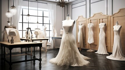 fashion design studio for sewing and cutting clothes, designer clothes, manufacturing, craft product.