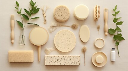 Eco friendly natural cleaning tools and products frame - bamboo and coconut dish brushes, luffa loofah sponge, baking soda and handmade soap bars on beige background. Zero waste concept. Flat lay