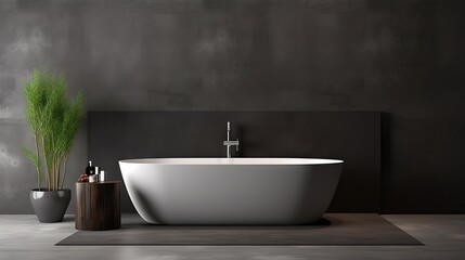 Fototapeta na wymiar Modern bathroom interior with black tile walls, concrete floor and white bathtub. 3d rendering copy space