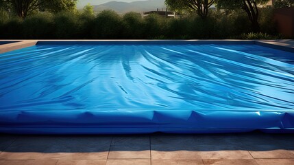 Blue tarpaulin pool cover. Bubble awning wrap for swimming pool cover. Swimming pool with a blue water. - obrazy, fototapety, plakaty