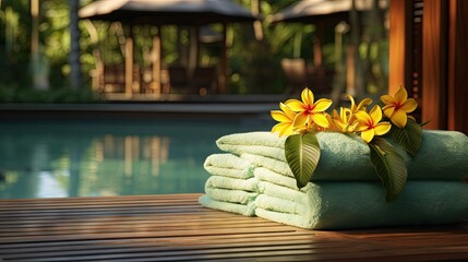 Two green towels with yellow frangipani flower in a wooden basket with a private pool in the resort as the background