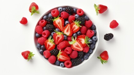 Bowl of healthy fresh berry fruit salad with cream on white background. Top view. Berries overhead...