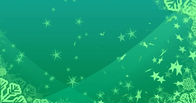 Animation of snowflakes and stars falling against green gradient background with copy space