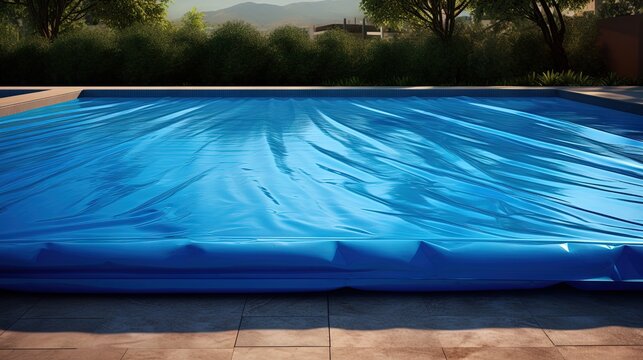 Blue tarpaulin pool cover. Bubble awning wrap for swimming pool cover. Swimming pool with a blue water.
