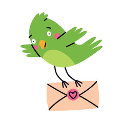 Green Bird Carry Letter Envelope Flying with Post Vector Illustration