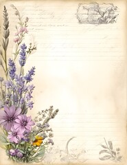 Lavender themed rustic junk journal brown stained paper craft work journal with frame and copy space for writing, letter template, vintage floral design