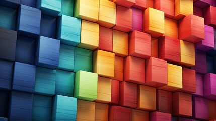Spectrum of stacked multi-colored wooden blocks. Background or cover for something creative, diverse, expanding, rising or growing. shallow depth of field.