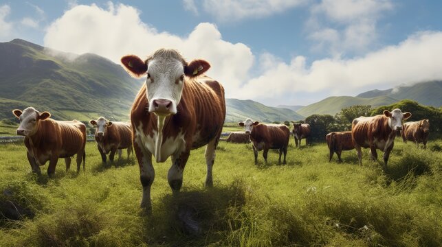Beefmaster cattle standing in a green field