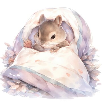 A sleepy baby squirrel in a bedding. watercolor illustration.