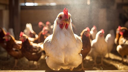 hen lays eggs at a chicken coop in a group of chickens at a bio farm. Hens in hen house. Chicken eggs in hen house. Chicken farm in germany