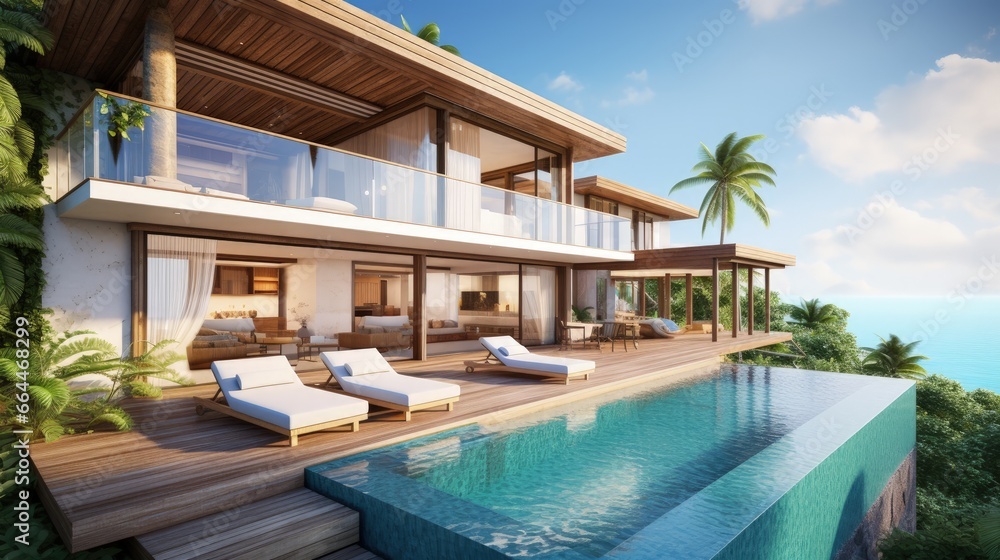 Poster modern pool villa sea view - 3d rendering