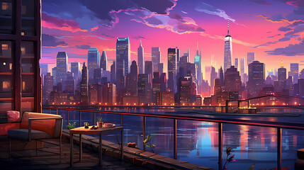 a modern urban skyline at dusk, with illuminated skyscrapers, city lights, and a vibrant cityscape, capturing the dynamic and captivating aspects of city living - obrazy, fototapety, plakaty