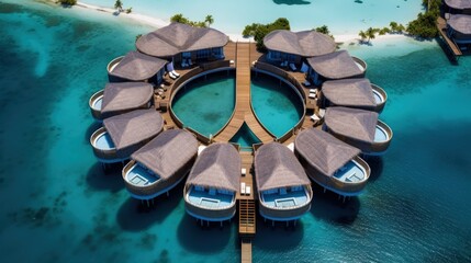 Luxury overwater villas from above. Aerial drone picture. Crossroads Maldives, saii lagoon hotel. July 2021 - obrazy, fototapety, plakaty