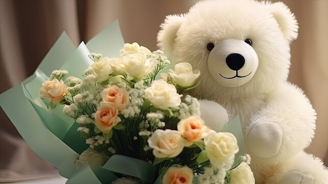 Stuffed animal toy polar teddy bear with bouquet flowers. The concept of a childrens holiday, moms day, birthday