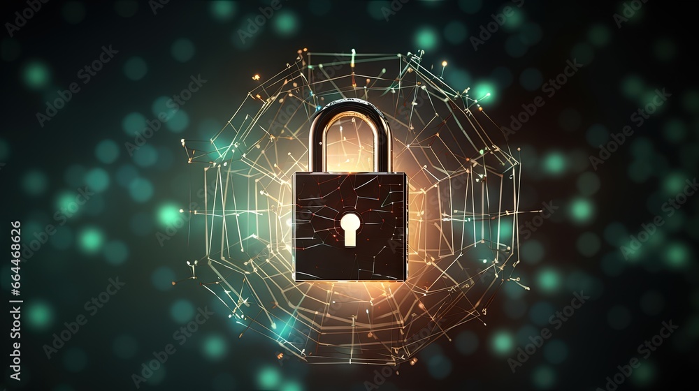 Poster cybersecurity and big data protection technology concept background image. The interconnected small binary padlock polygons form a glowing inner sphere. dark background.