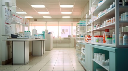 blurred unfocused pharmacy interior with shelves with medicines