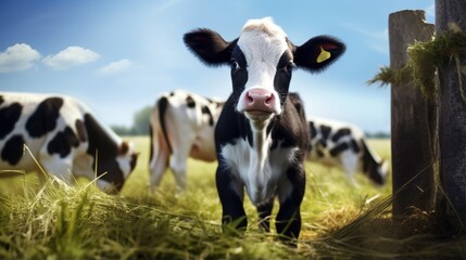 Young curious calfs on background of green grass, Cute calf looks into the object, A cow stands inside a ranch next to hay and other calves, Baby cow on the farm - obrazy, fototapety, plakaty