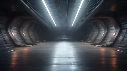 Foto op Aluminium Sci Fi Futuristic Dark Alien Spaceship Concrete Cement Realistic Tunnel Corridor Hallway Showroom Warehouse Studio Underground Hangar Garage 3D Rendering Illustration © HN Works