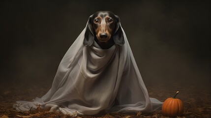 dachshund dressed as a ghost on halloween