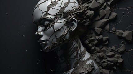 Abstract concept sculpture illustration from 3D rendering of black marble female figure sliced cut head with liquify deformed skull upper part and isolated on background.