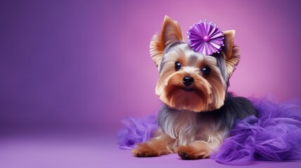 Cute Playful Yorkshire Terrier among purple background. Dog after pet grooming. Copy space