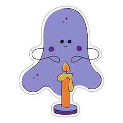 Sticker of cute Halloween spirit with candle. Color flat vector illustration.